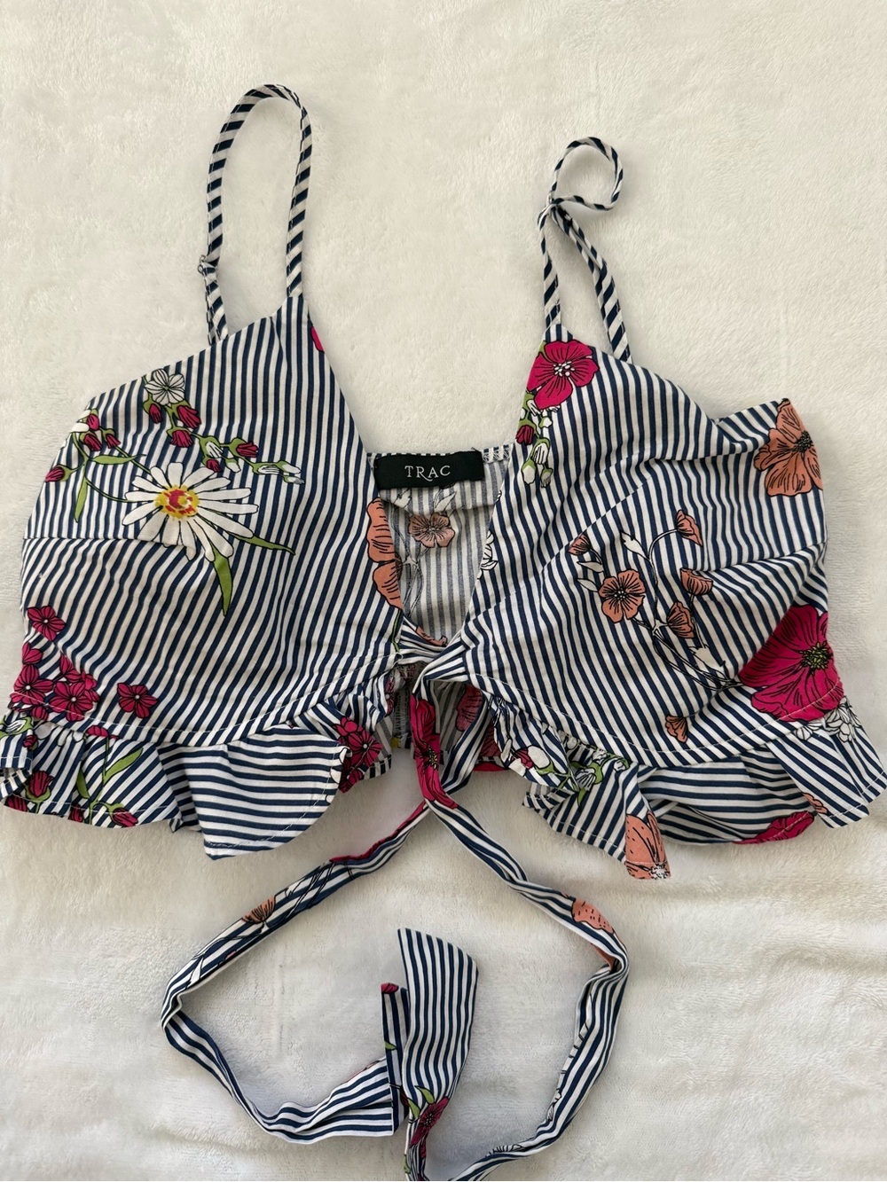 TRAC Floral Stripe Two Piece Set Ruffle Shorts & Tie Front Crop Top S - Picture 7 of 14